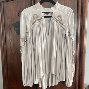 Cream Long Sleeve Pleated Blouse with Mandarin Collar